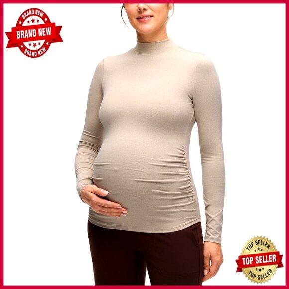 Tops - Maternity Long Sleeve Mock Neck Top - Cloud Jersey Fabric - Side Ruched